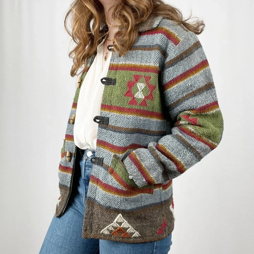 Vintage Western Bohemian Jacket Duffle Wood Toggle Coat Boho Aztec Boho Handmade - Picture 2 of 7